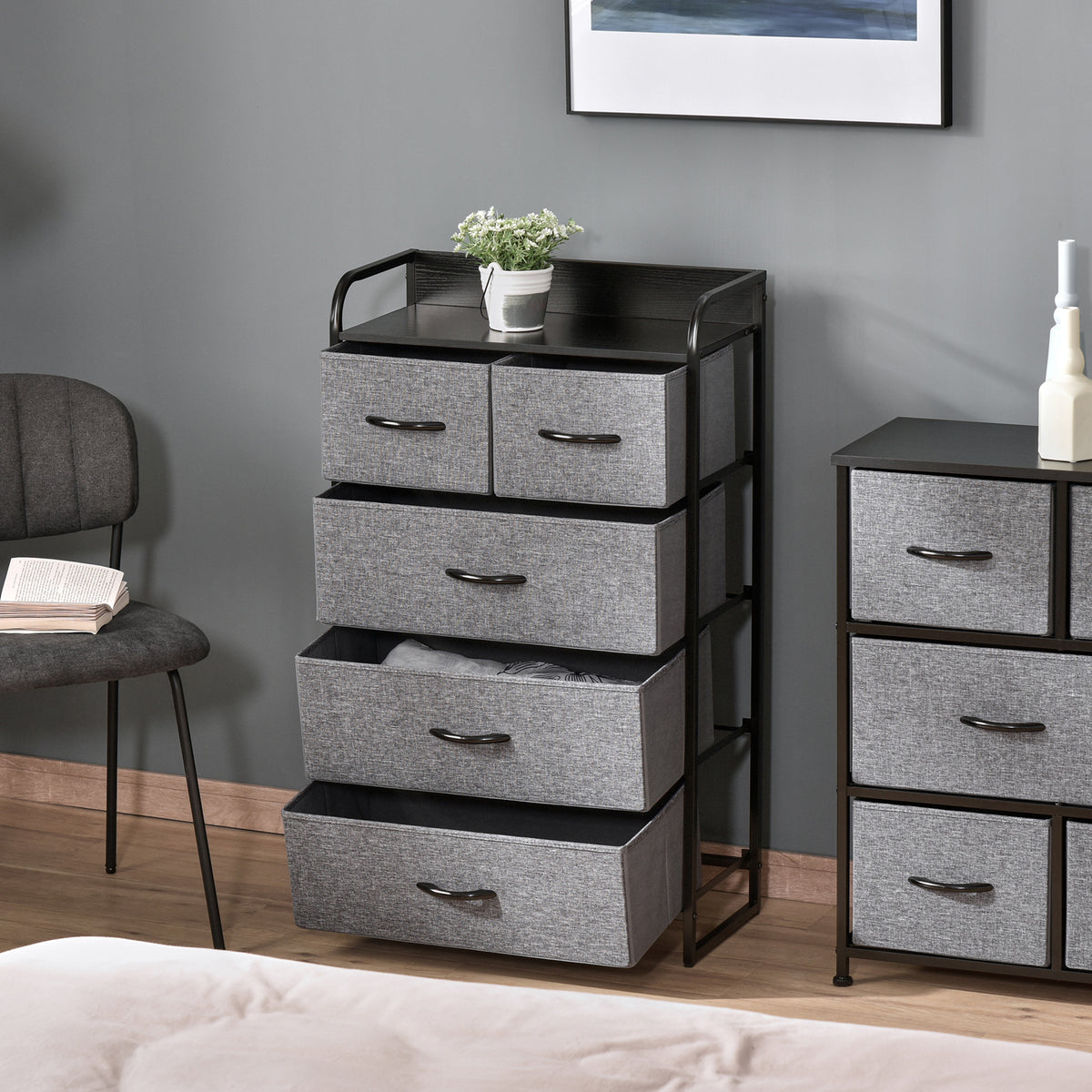 Commode Meuble de Rangement 5 tiroirs Pliables en Tissu 58 x 29 x 99 cm Gris-8