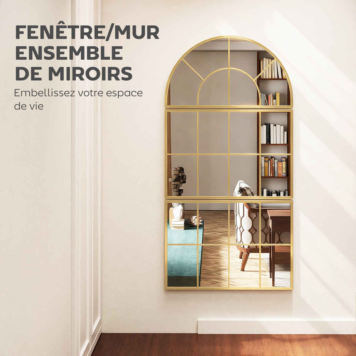 Miroir mural arqué miroir mural en forme de fenêtre ensemble de 3 pièces cadre en métal 76 x 150 cm doré-3