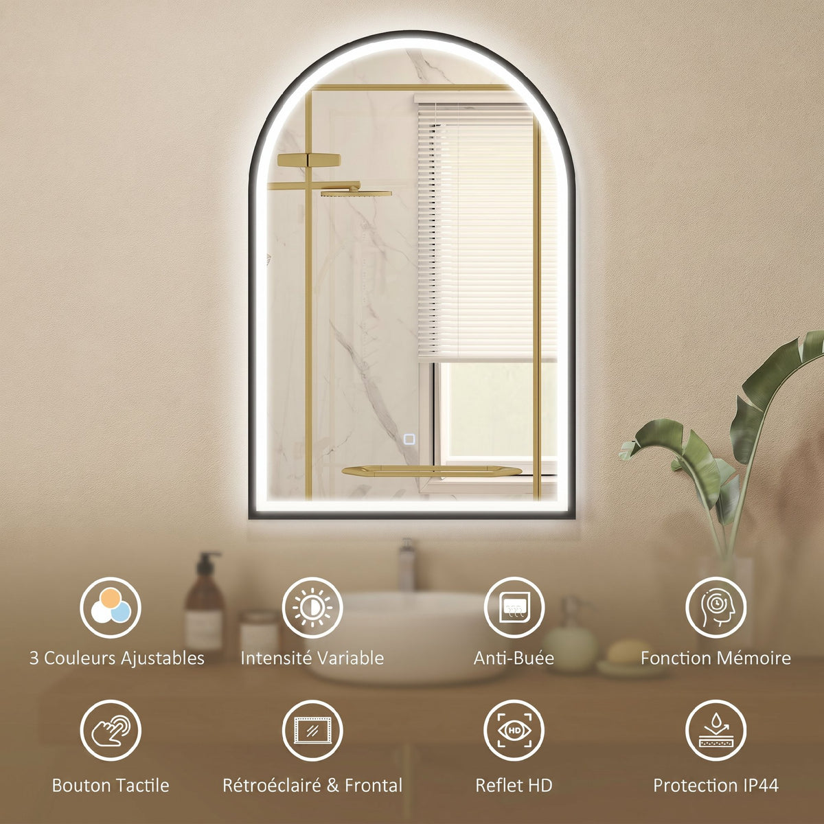 Miroir Salle de Bain avec Éclairage 60 x 90 cm, Miroir LED Arqué, Anti-Buée, 3 Couleurs Lumière, Dimmable, Mémoire, Noir-3