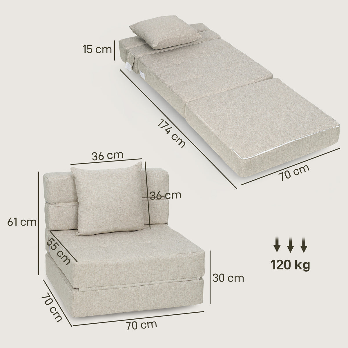 Chauffeuse canapé-lit convertible fauteuil 1 place avec 1 coussin déhoussable, tissu beige-2