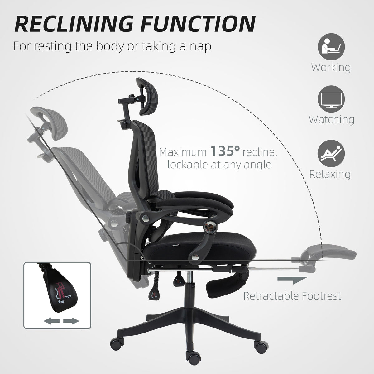 Chaise Bureau Ergonomique avec Appui-Tête Réglable, Fauteuil de Bureau Inclinable en Maille, Dossier Séparé, Noir-7