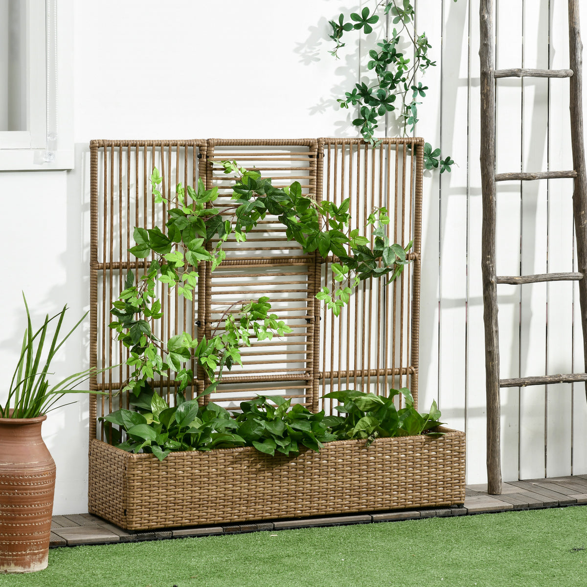 Support pour plantes avec treillis bac rectangulaire inférieur en résine tressée et acier dim. 103L x 29l x 103H cm-1