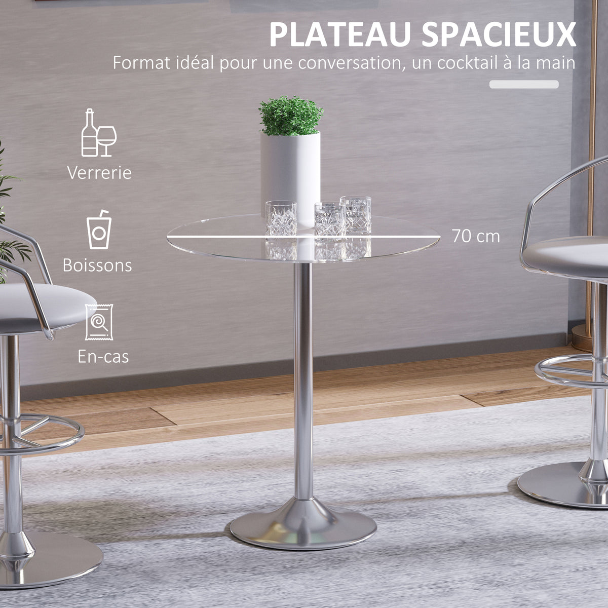 Table à manger ronde pour 2 personnes, table de cuisine moderne avec plateau en verre trempé et base en acier, argenté-4