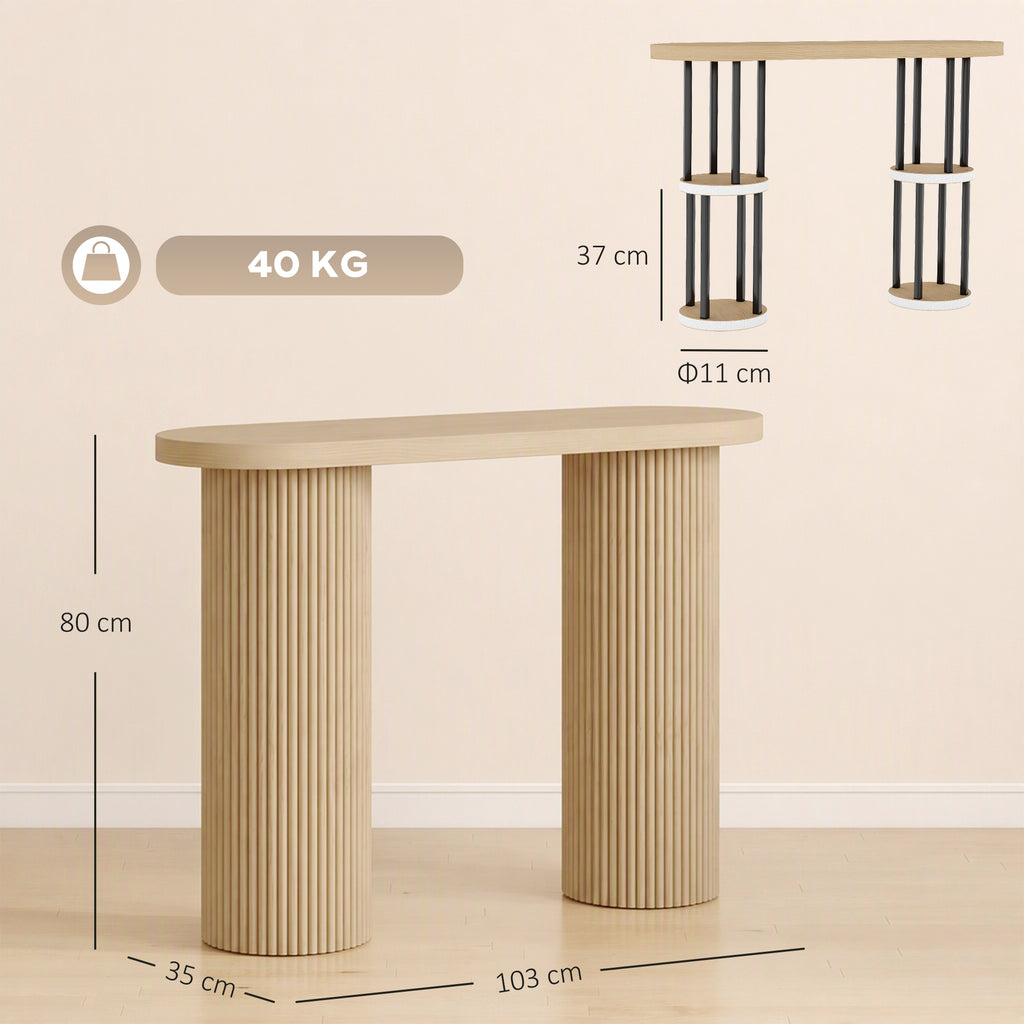Table Console Cannelée, Rangement Dissimulé, Pieds Colonnes, Style Rustique, Console d'Entrée Étroite, 103x35x80cm Chêne-2