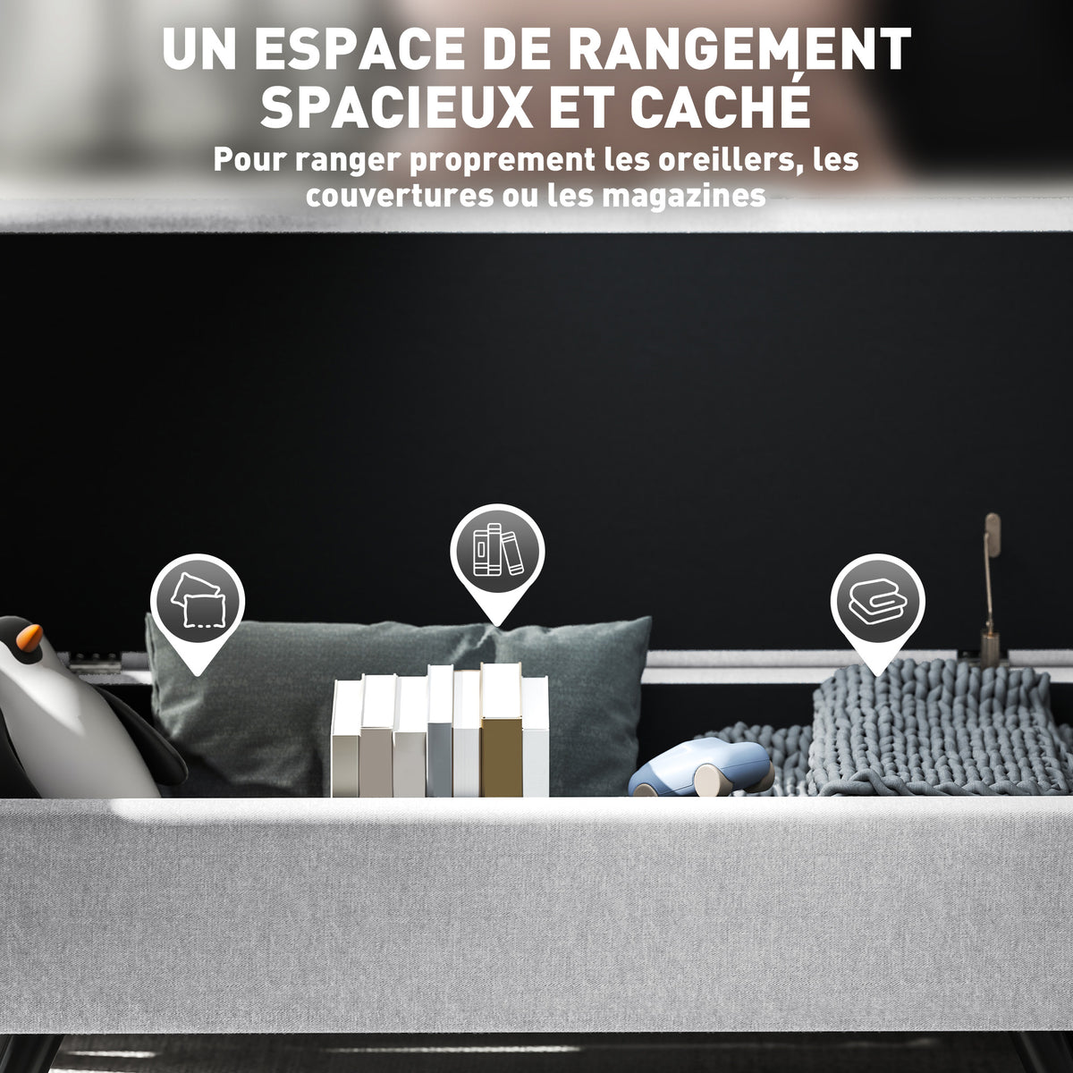Banc de rangement 53,8L avec siège rembourré en lin et accoudoirs, pour salon, chambre, entrée, 132 x 42 x 50 cm, gris-4