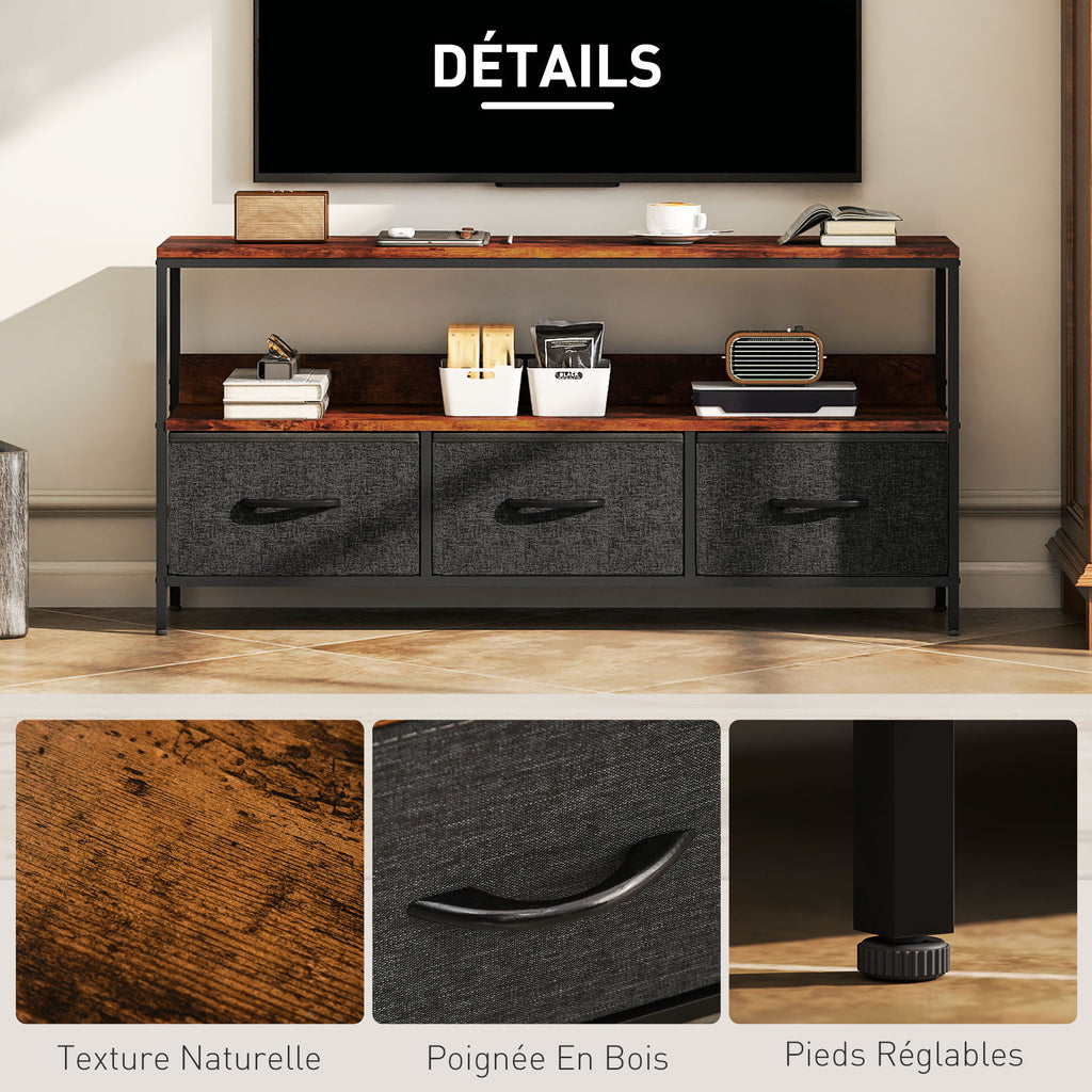 Meuble TV, meuble télé pour téléviseur jusqu'à 55 pouces avec 3 tiroirs et pieds en acier 120 x 29 x 56 cm brun rustique-5