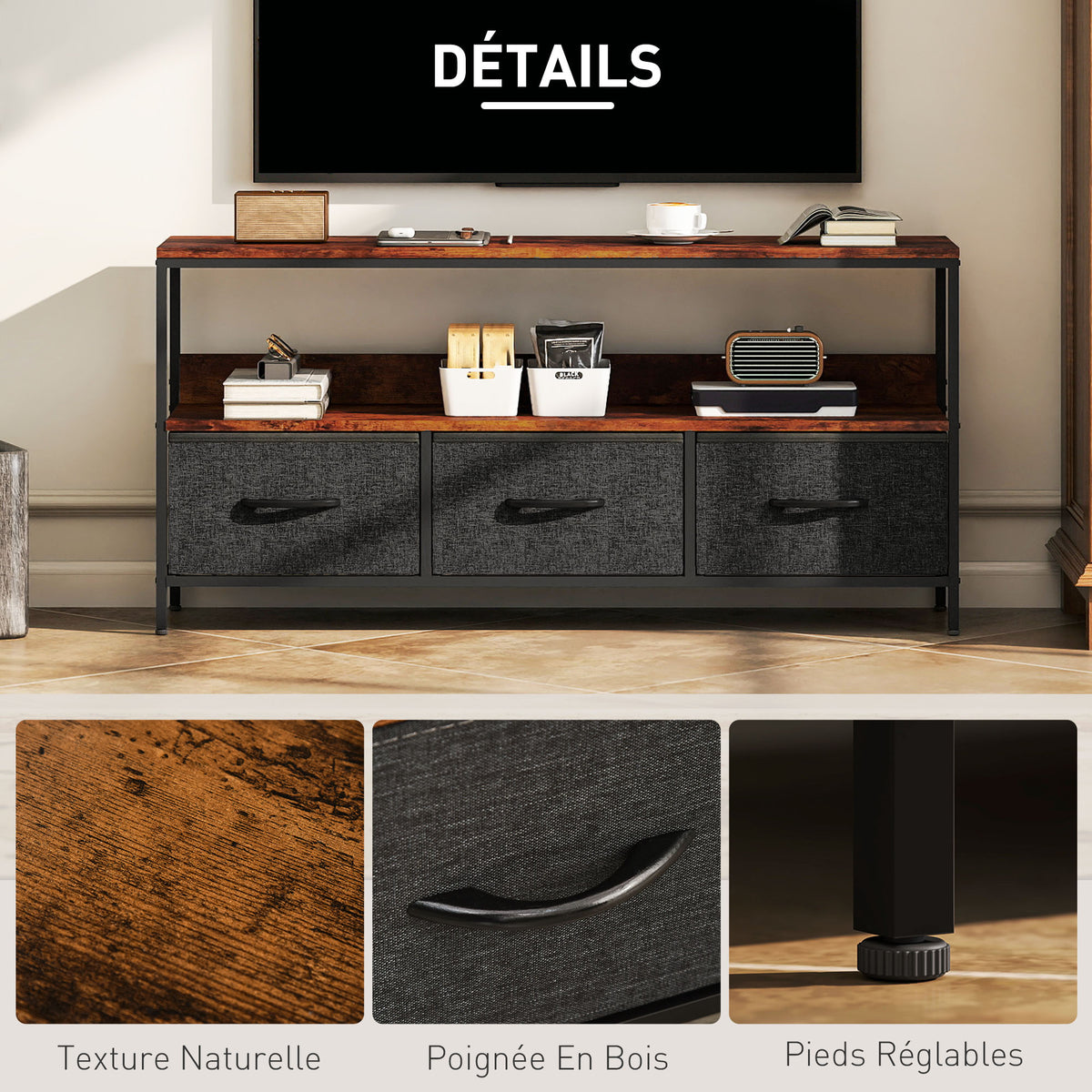 Meuble TV, meuble télé pour téléviseur jusqu'à 55 pouces avec 3 tiroirs et pieds en acier 120 x 29 x 56 cm brun rustique-5