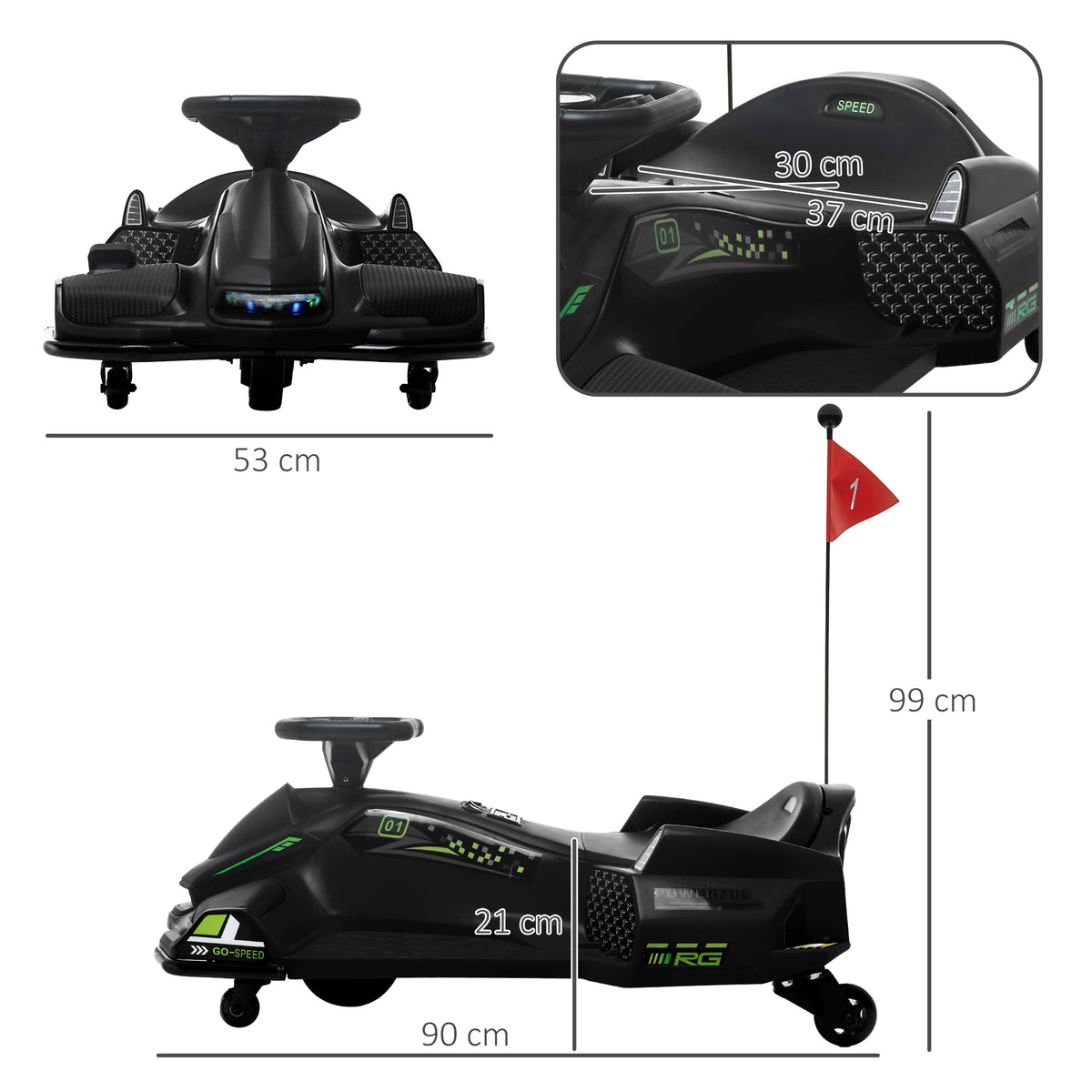 Kart électrique pour enfant 12V, karting enfant, vitesse réglable 3-8 km/h, mode de dérive, 90 x 53 x 99 cm, noir-2