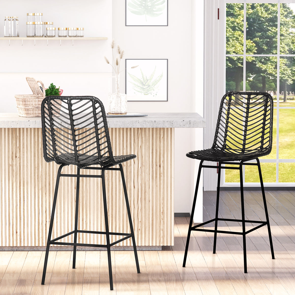 Lot de 2 tabourets de bar design bohème hauteur 66 cm avec repose-pieds métal et rotin PE - noir-1