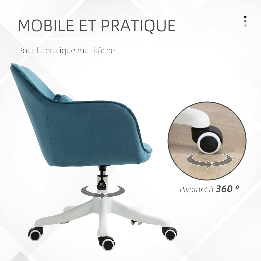 Chaise de bureau velours fauteuil bureau massant coussin lombaire intégré hauteur réglable pivotante 360° bleu-5