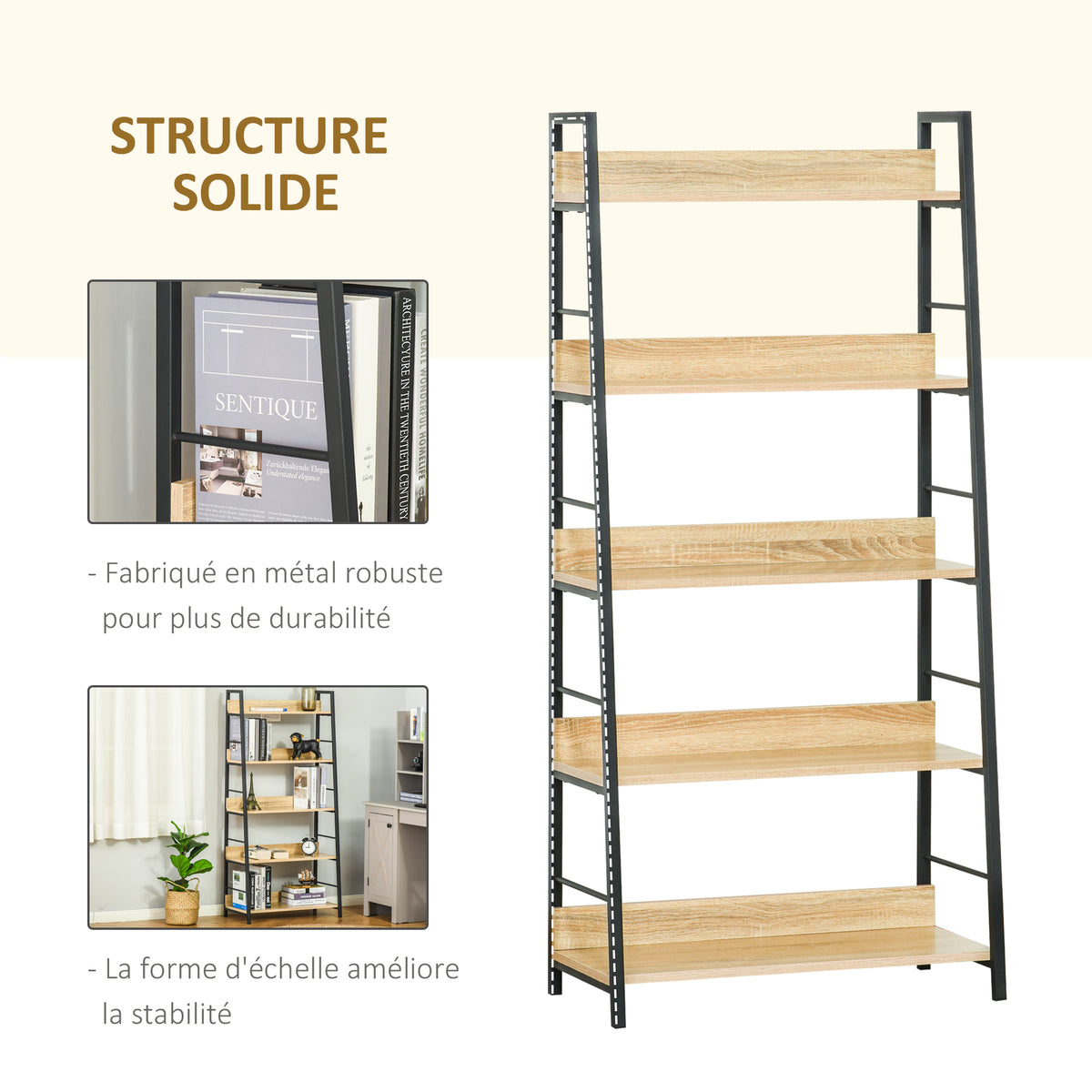 Étagère bibliothèque Style Industriel incliné 5 Niveaux 70L x 35l x 150H cm Coloris chêne Clair Noir-4