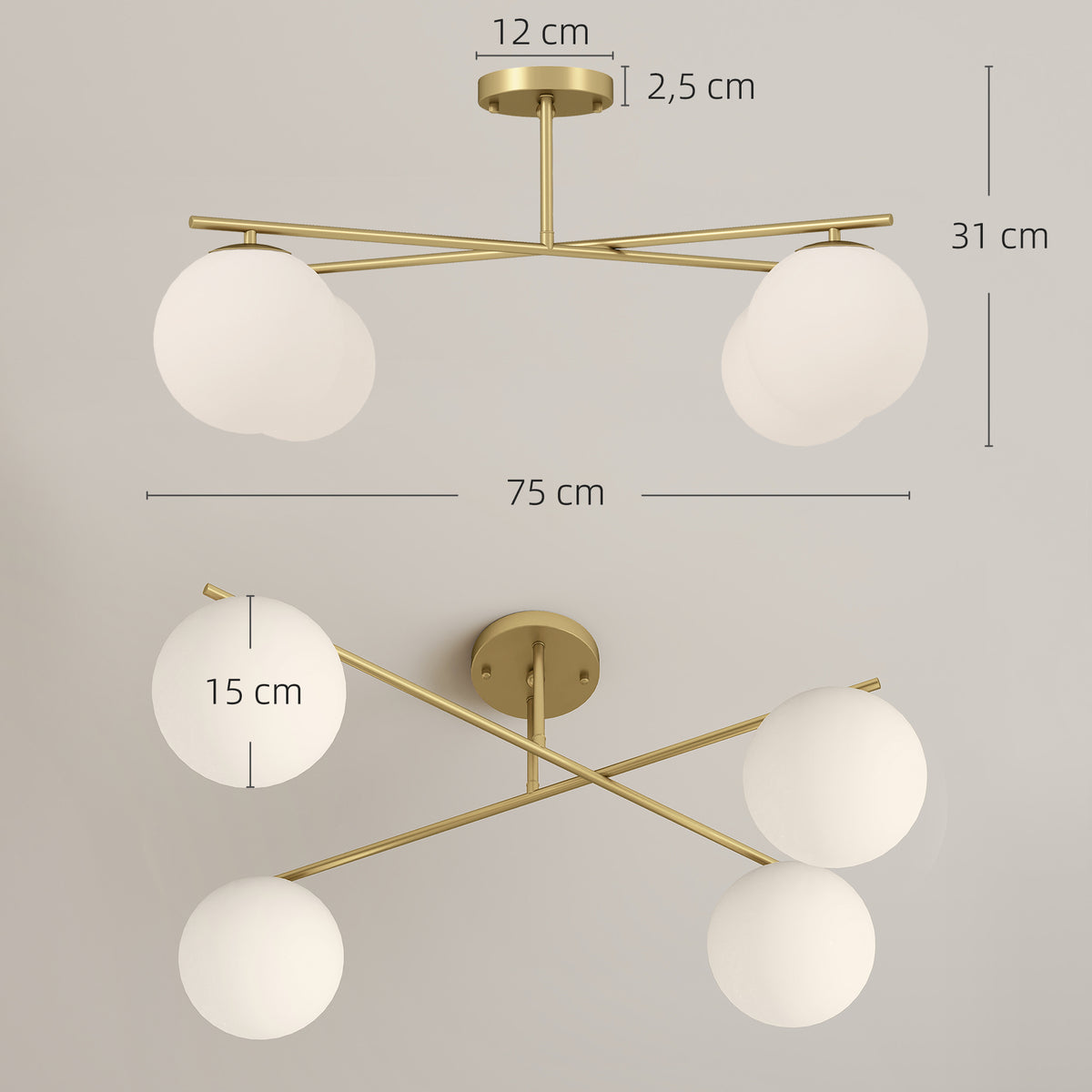 Plafonnier lustre moderne à 4 lumières avec culot E14, montage semi-affleurant, doré et crème-2