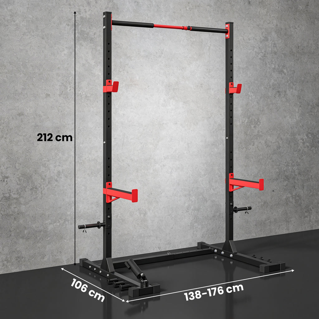 Power Tower Multifonction Charge 500 kg Largeur Réglable, Barre de Traction, Rack de Squat, 176x106x212cm, Rouge-2