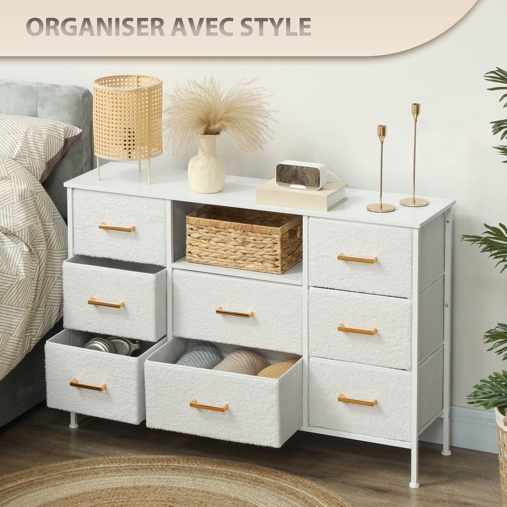 Commode 8 tiroirs en tissu bouclette, meuble de rangement avec 2 prises de courant, structure en acier 110x30x76cm crème-5