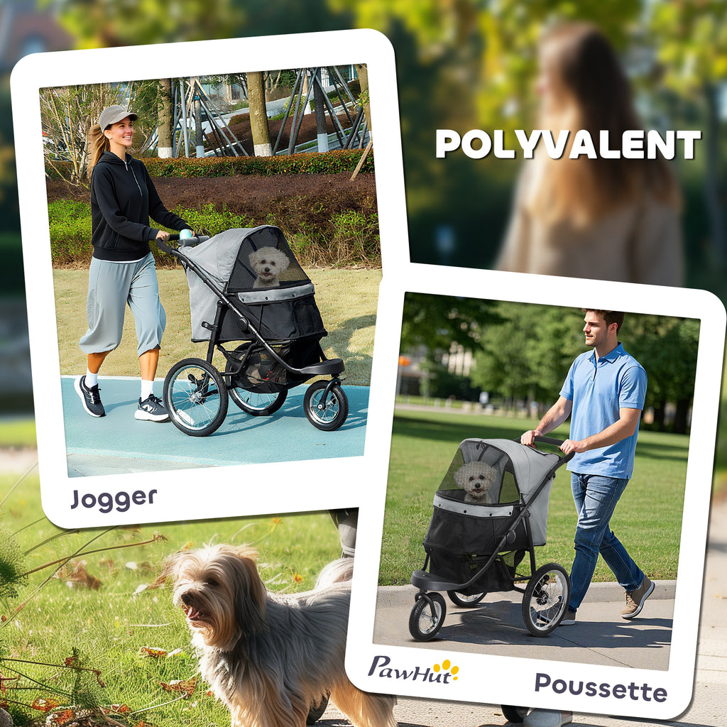 Poussette pour chien pliable avec panier de rangement, coussin lavable, roues en caoutchouc et auvent réglable, gris-3