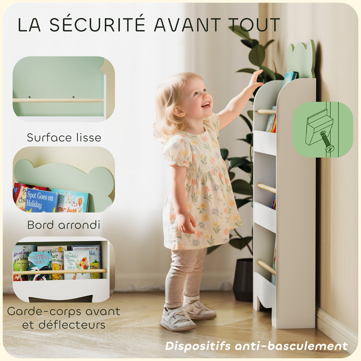 Bibliothèque pour enfant, rangement livre enfant 3 niveaux pour salle de jeux, chambre d'enfant, vert-4