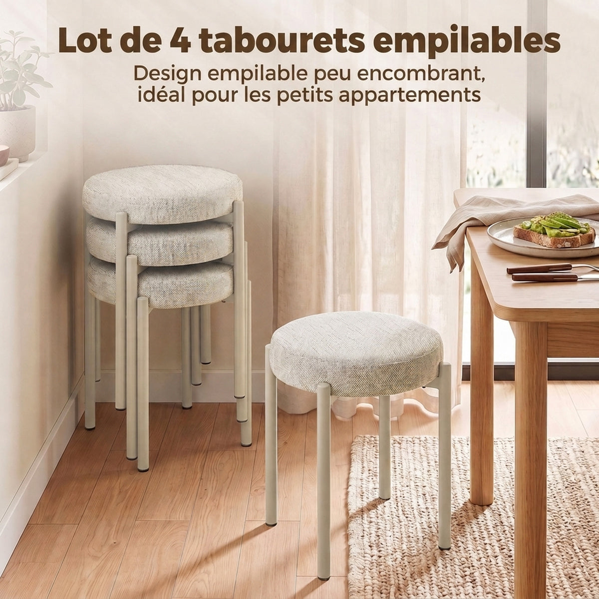 Lot de 4 Tabourets Empilables Ronds avec Assise Rembourrée, sans Dossier, Gain de Place, 45 x 45 x 47,5 cm, Crème-5