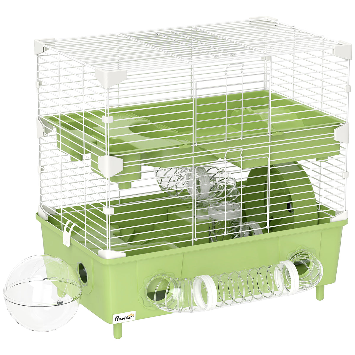 Cage pour hamster  à 2 niveaux avec roue de course salle de bain en sable pour hamster nain 44,5 x 28 x 44 cm vert-0