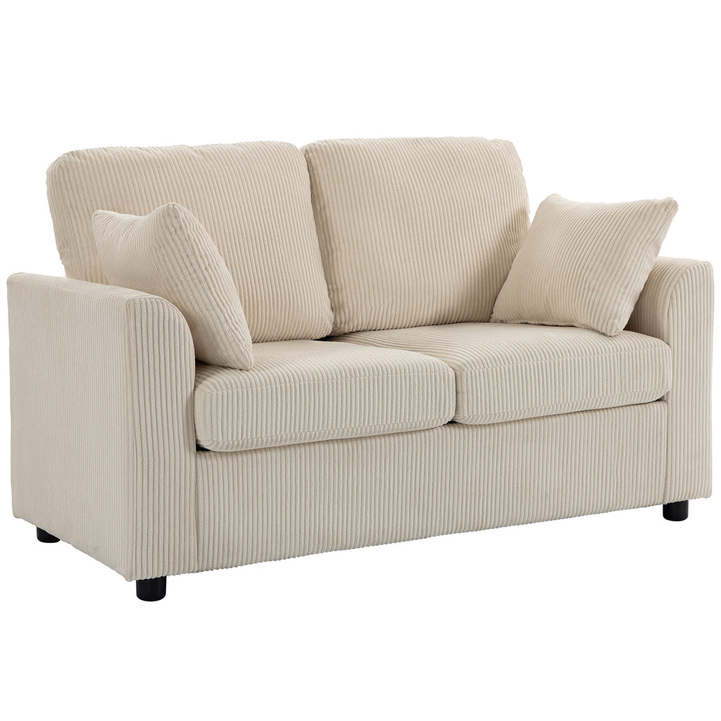 Canapé 2 Places en Velours Côtelé, Canapé de Salon 144 cm avec Assise Large Rembourrée, 2 Oreillers, Beige-0