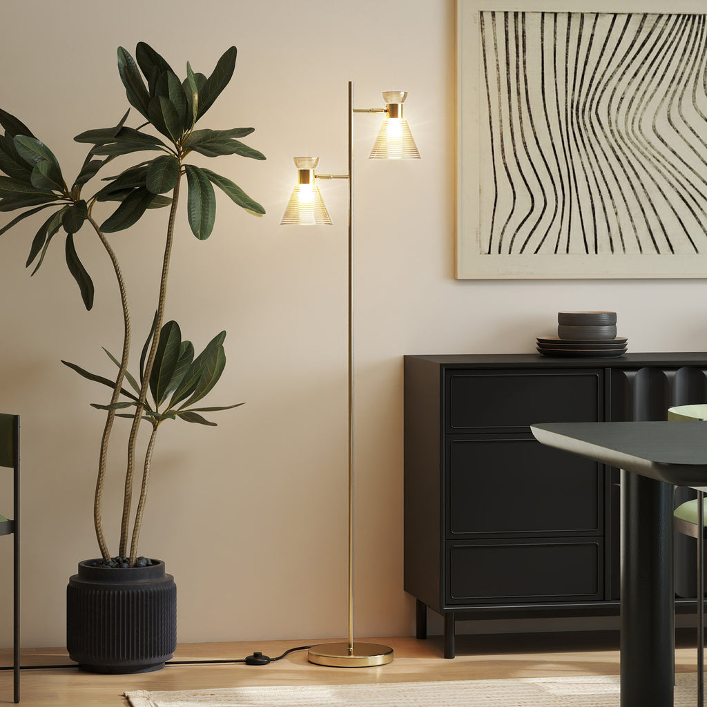 Lampadaire sur pied salon à double tête réglable, lampe sur pied, abat-jour en verre floral, 42 x 25 x 165 cm, doré-5