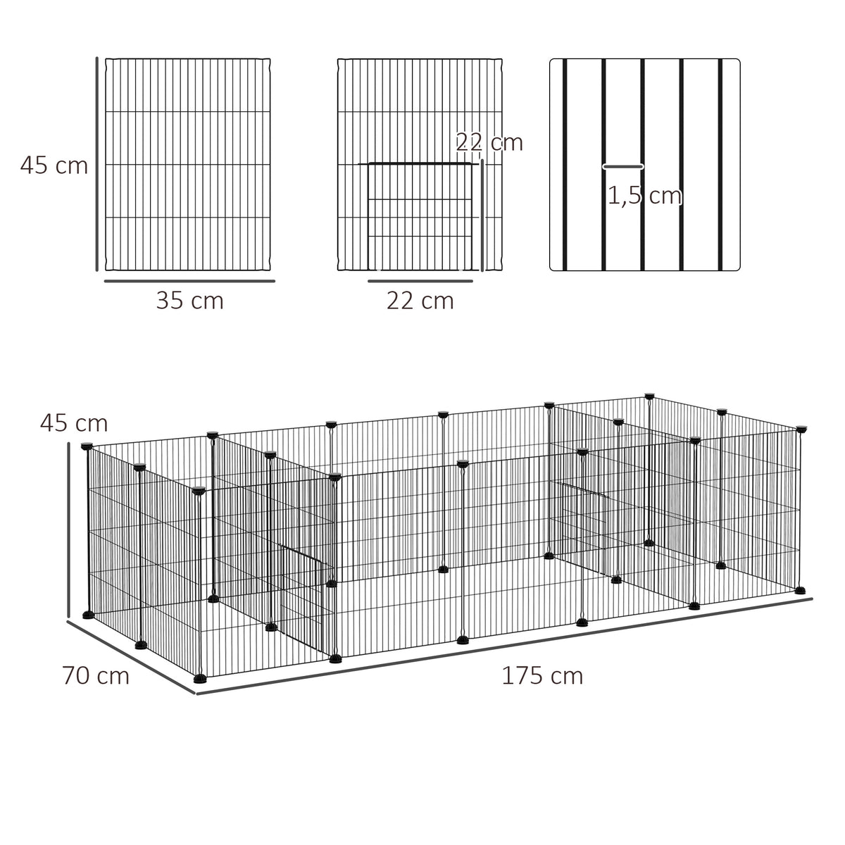 Enclos parc modulable pour petits animaux lapins rongeurs chiots 18 panneaux en fil d'acier 2 portes 175 x 70 x 45 noir-2