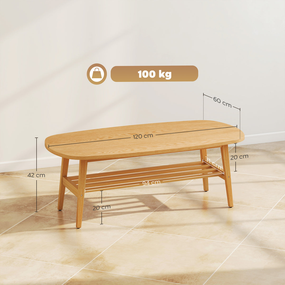 Table Basse à 2 Niveaux, Table de Salon Moderne avec Étagère Inférieure Ouverte et Pieds en Bois d'Hévéa, Bois Naturel-2