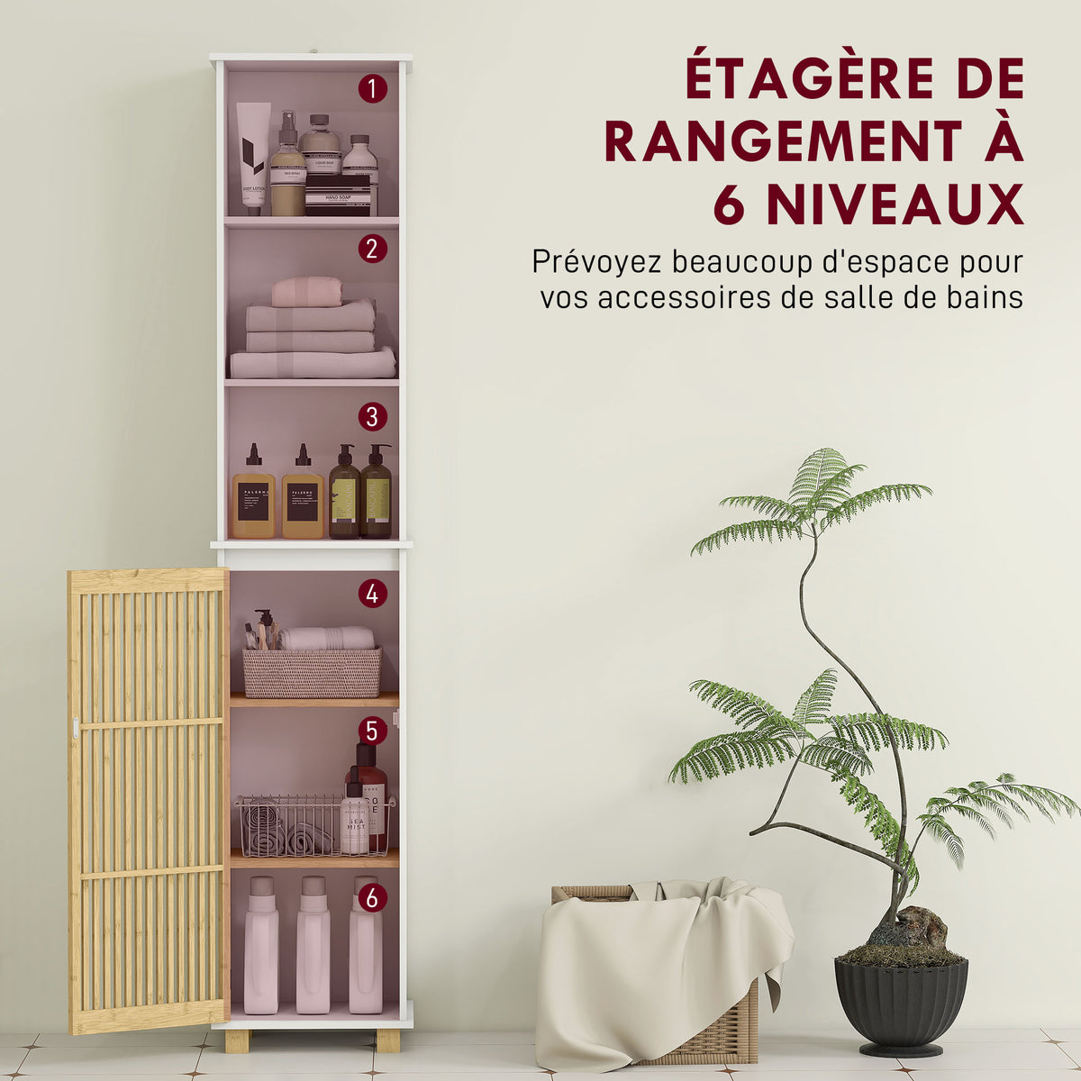 Colonne salle de bain, meuble salle de bain rangement avec porte à lattes en bambou et compartiments ouverts, blanc-3