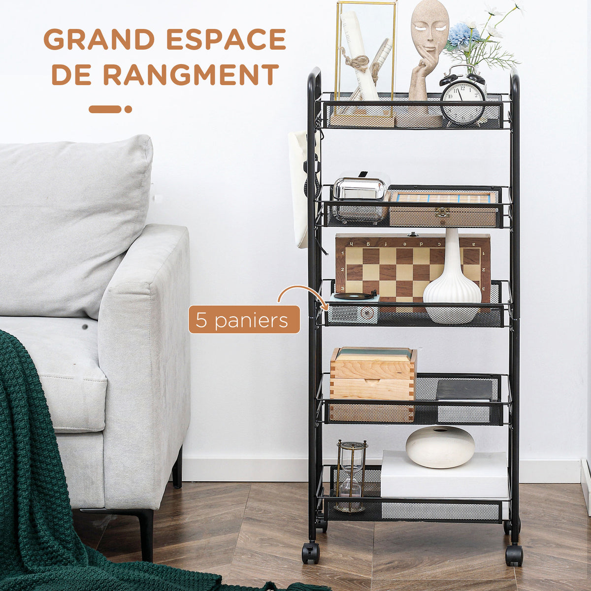 Chariot desserte de rangement à roulettes avec 5 paniers amovibles en acier, dim. 45L x 26.5l x 106H cm-3