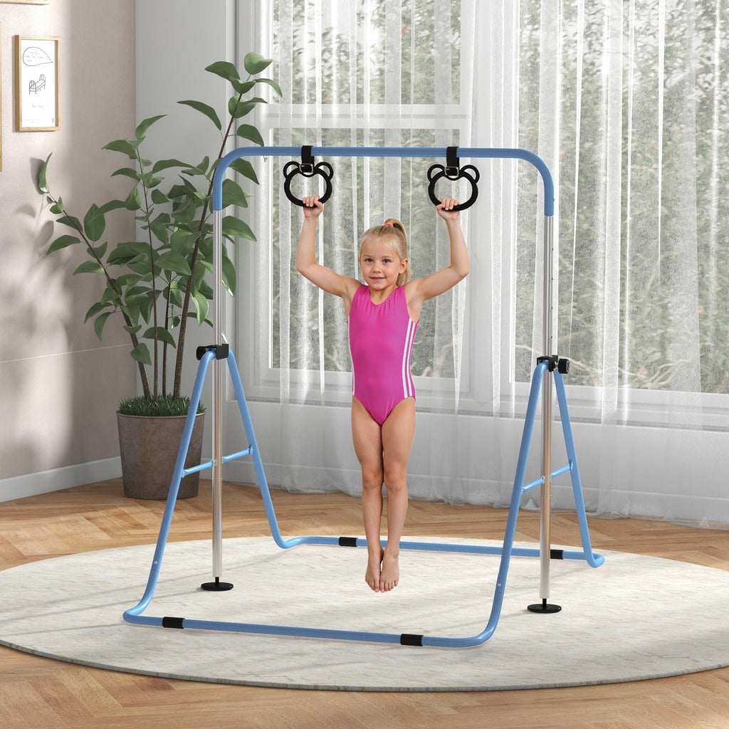 Barre de gymnastique pour enfants, barre horizontale pliable à hauteur réglable avec anneaux de gymnastique, bleu-1
