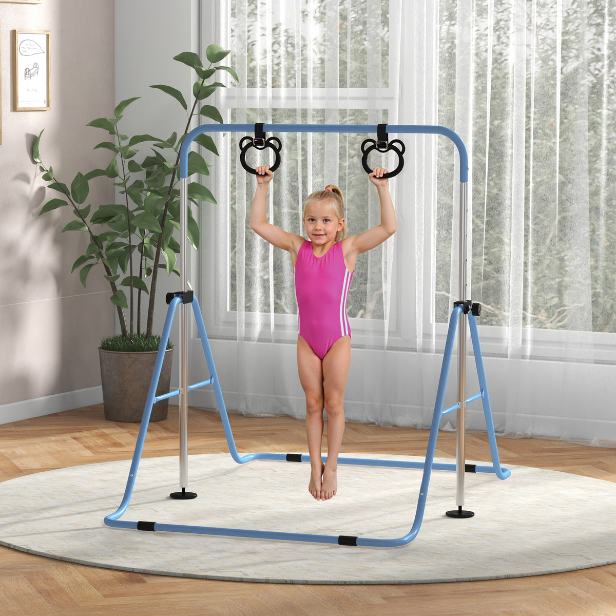 Barre de gymnastique pour enfants, barre horizontale pliable à hauteur réglable avec anneaux de gymnastique, bleu-1