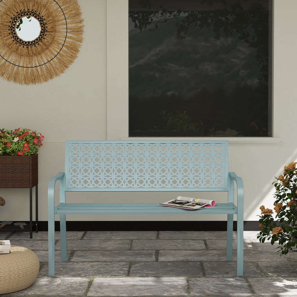 Banc de jardin 2 places, banc extérieur jardin en acier avec dossier ajouré, 127 x 63 x 85 cm, bleu-7