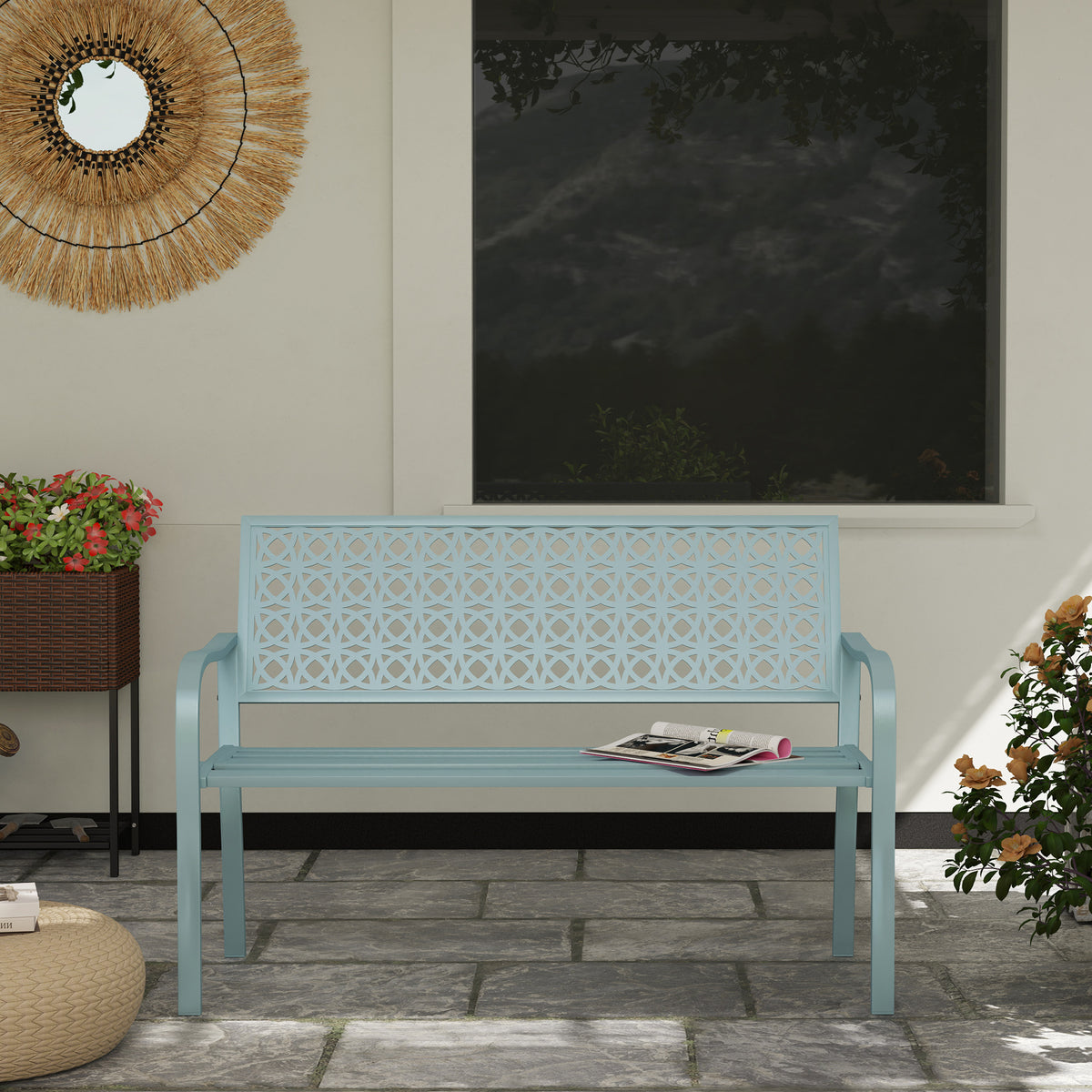 Banc de jardin 2 places, banc extérieur jardin en acier avec dossier ajouré, 127 x 63 x 85 cm, bleu-7
