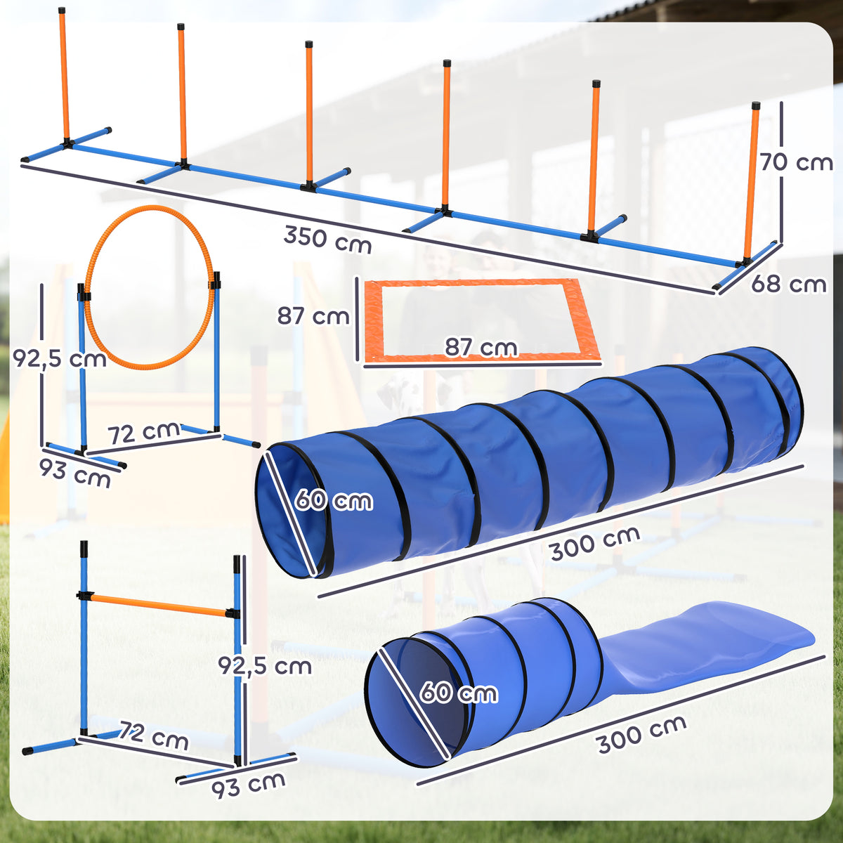 Ensemble d'Agilité pour Chien 11 Pièces, Parcours d'Obstacle avec 2 Tunnels, Sauts Ajustables, Orange et Bleu-2