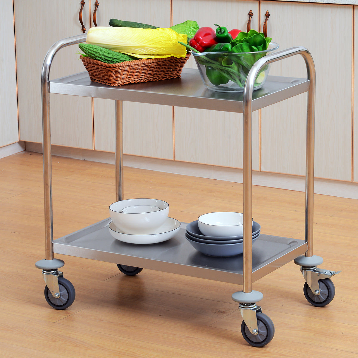 Chariot de service desserte de cuisine à roulettes 2 étagères 80L x 45l x 82H cm acier inox. chromé-8