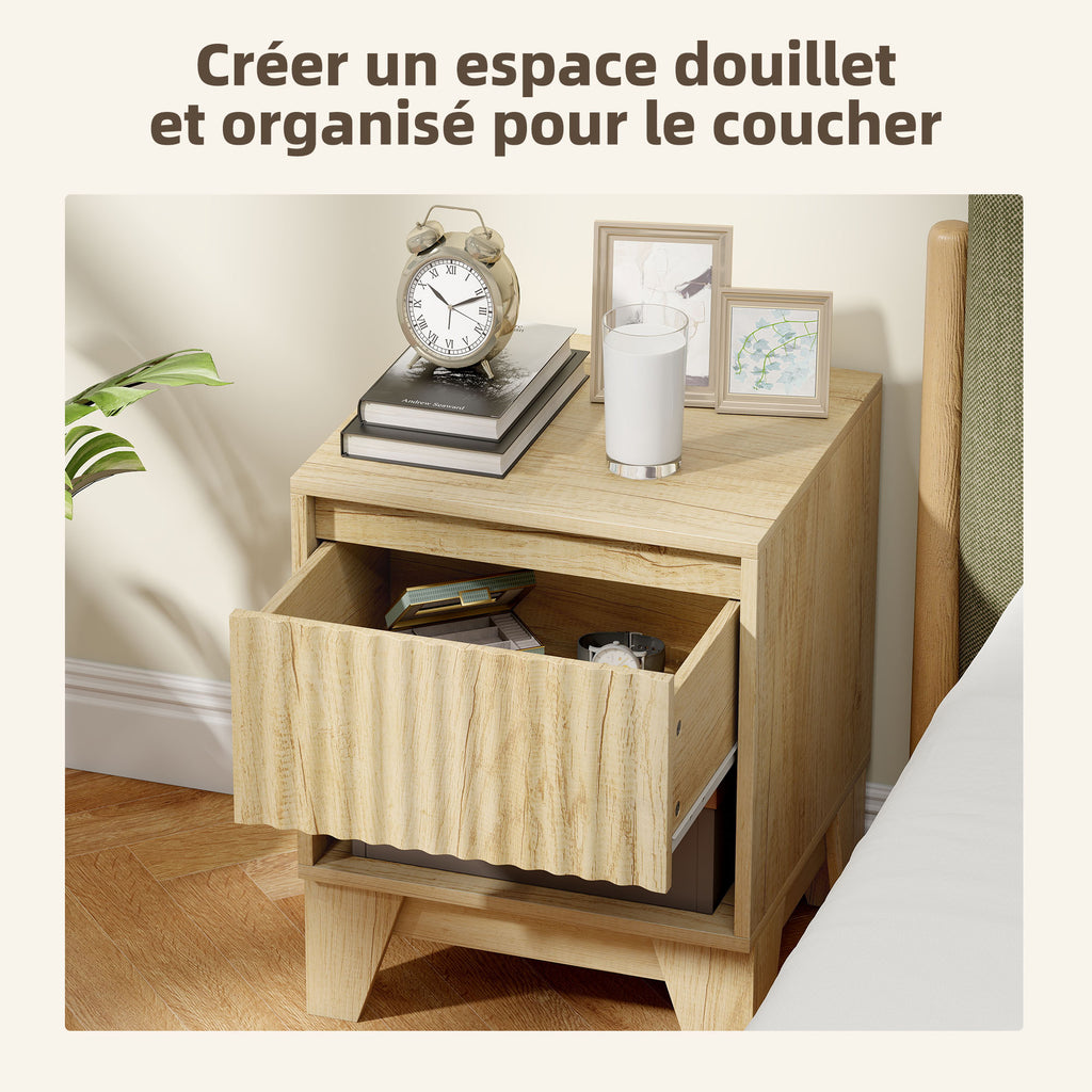 Lot de 2 tables de chevet étroite, table d'appoint compartiment ouvert 1 tiroir, panneaux cannelés 43x40x55cm naturel-4