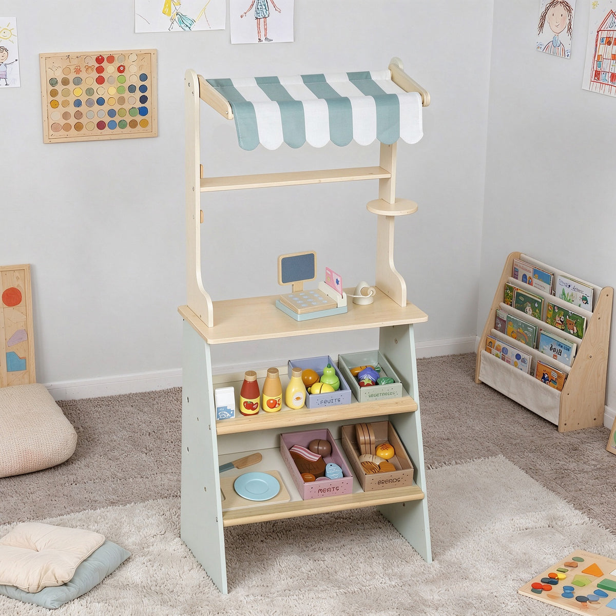 Supermarché pour enfant 34 pcs, marchande en bois, tableau noir, caisse enregistreuse et accessoires, 52x30x92,5cm, vert-1