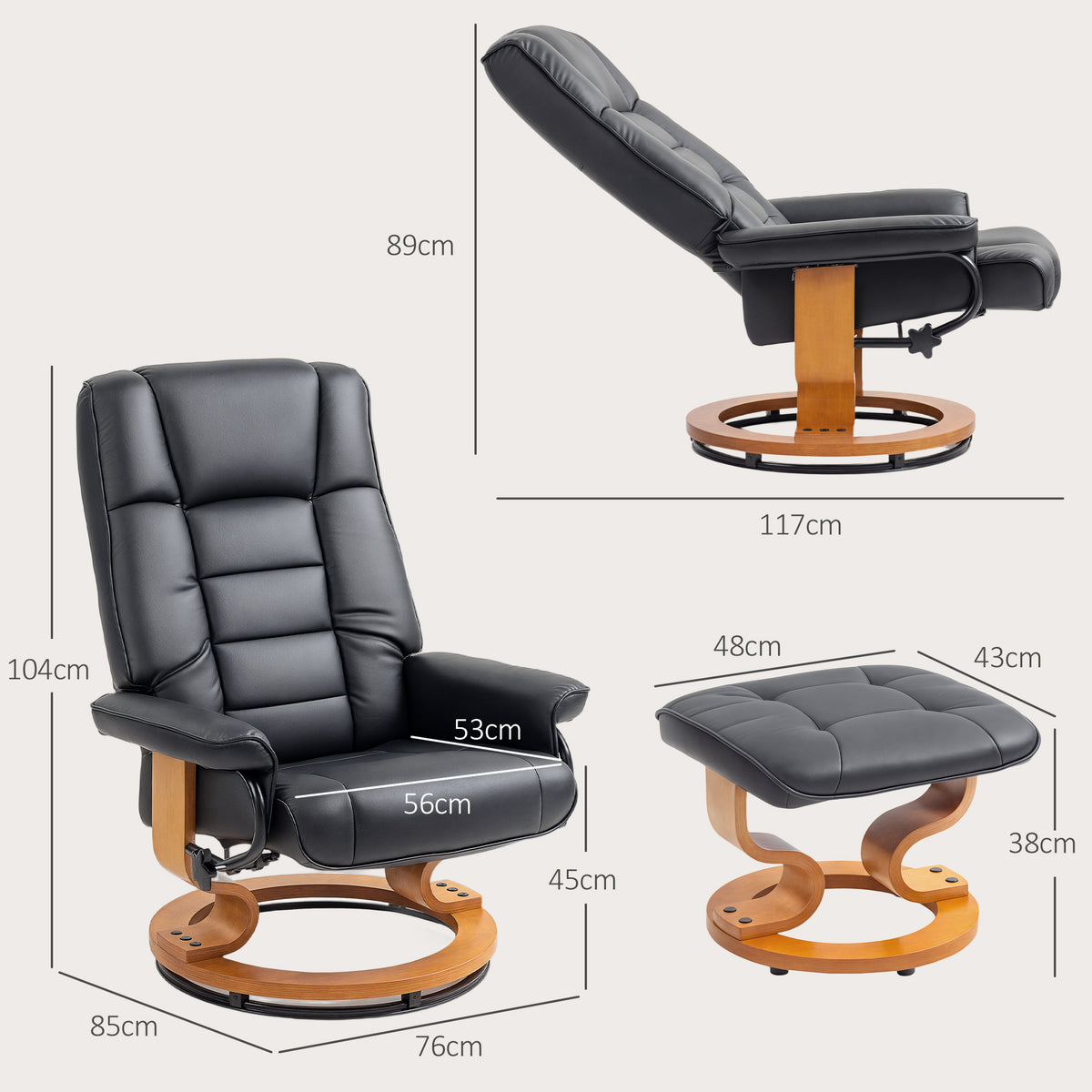 Fauteuil de relaxation inclinable avec repose-pied, pivotant, cadre en bois , revêtement synthétique noir-2