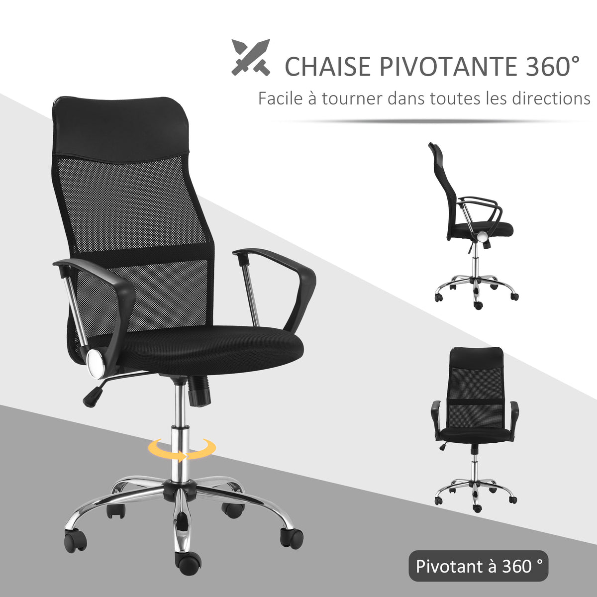 Fauteuil de bureau manager grand confort dossier ergonomique hauteur assise réglable pivotant tissu maille noir-4