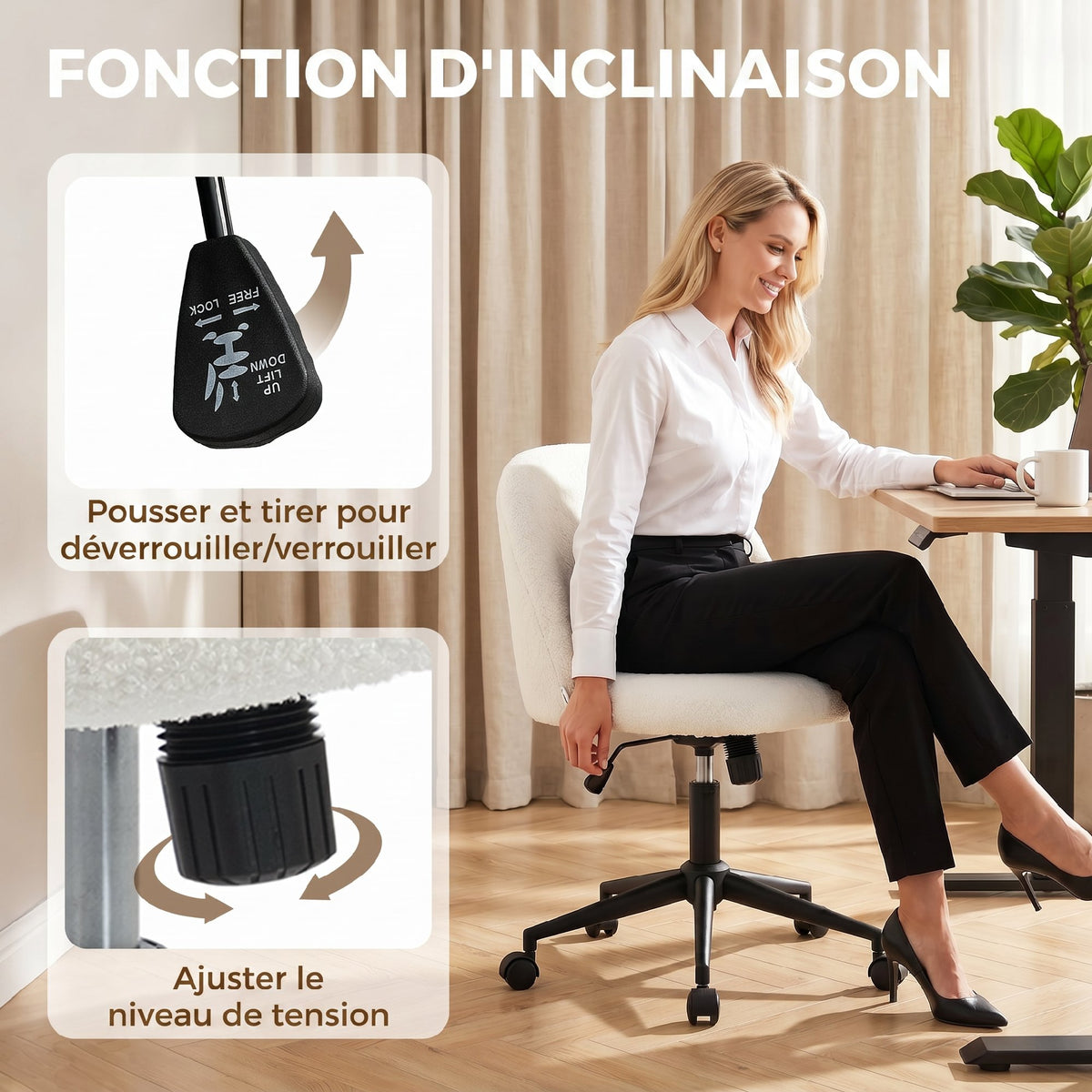 Chaise de Bureau Pivotante en Fourrure Teddy, Hauteur Réglable, Roulettes, Mousse Haute Résilience, Crème-4