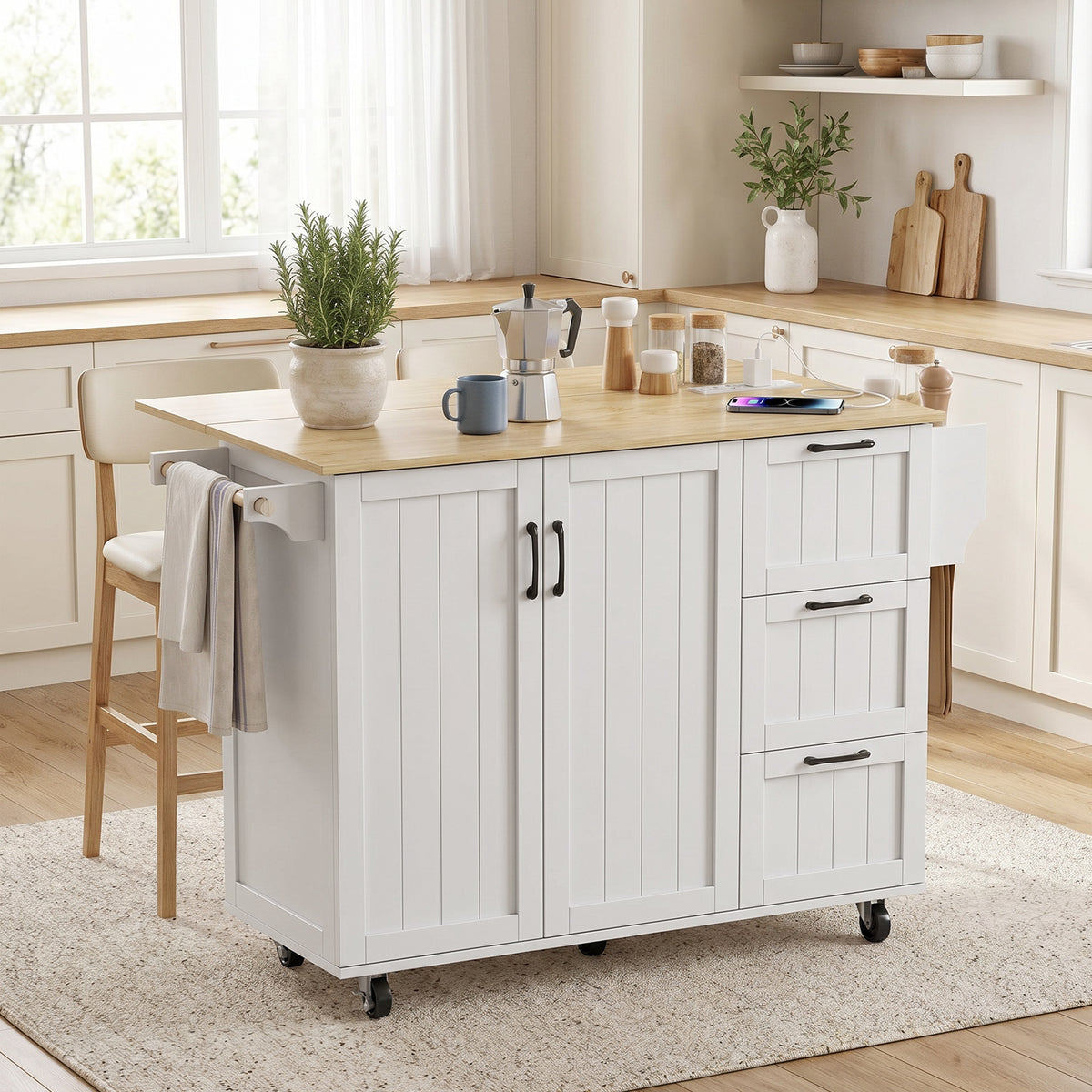 Îlot Central Cuisine avec Plateau Rabattable 2 Prises et 2 Ports USB Desserte de Cuisine sur Roulettes 3 Tiroirs Blanc-1