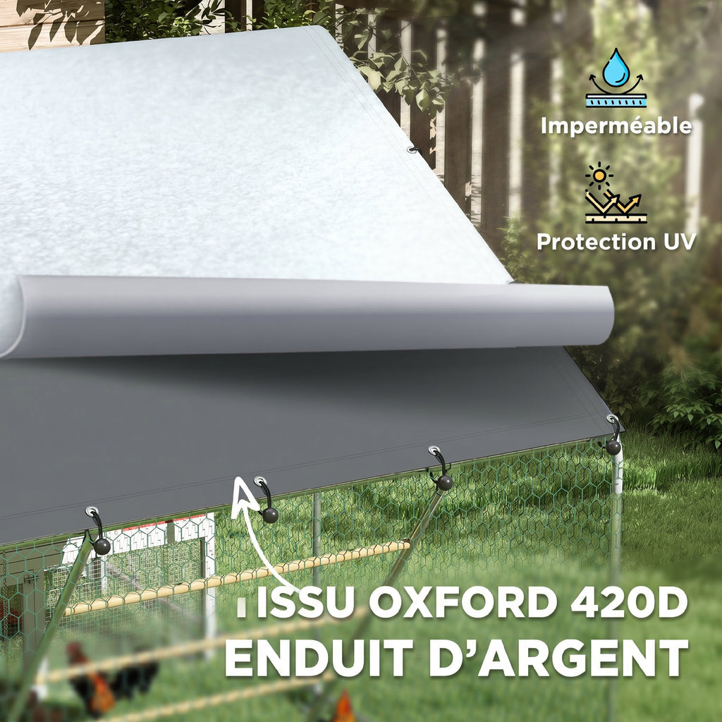 Enclos poulailler extérieur parc grillagé 6 m² avec perchoir et mangeoire acier galvanisé Ø25mm 300x200x195cm argent-6