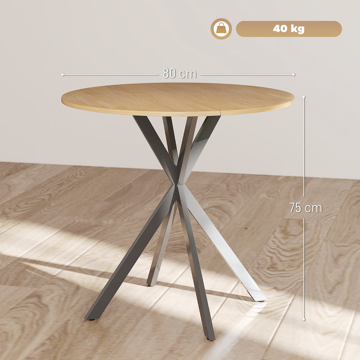 Table à manger ronde pour 2 personnes avec plateau aspect bois et piètement croisé en acier, blanc chêne-2