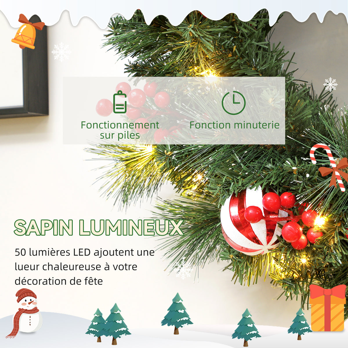 Couronne de Noël lumineuse 60 cm avec 50 LED, minuterie, 146 pointes, pommes de pin, baies, boules décoratives, vert-4