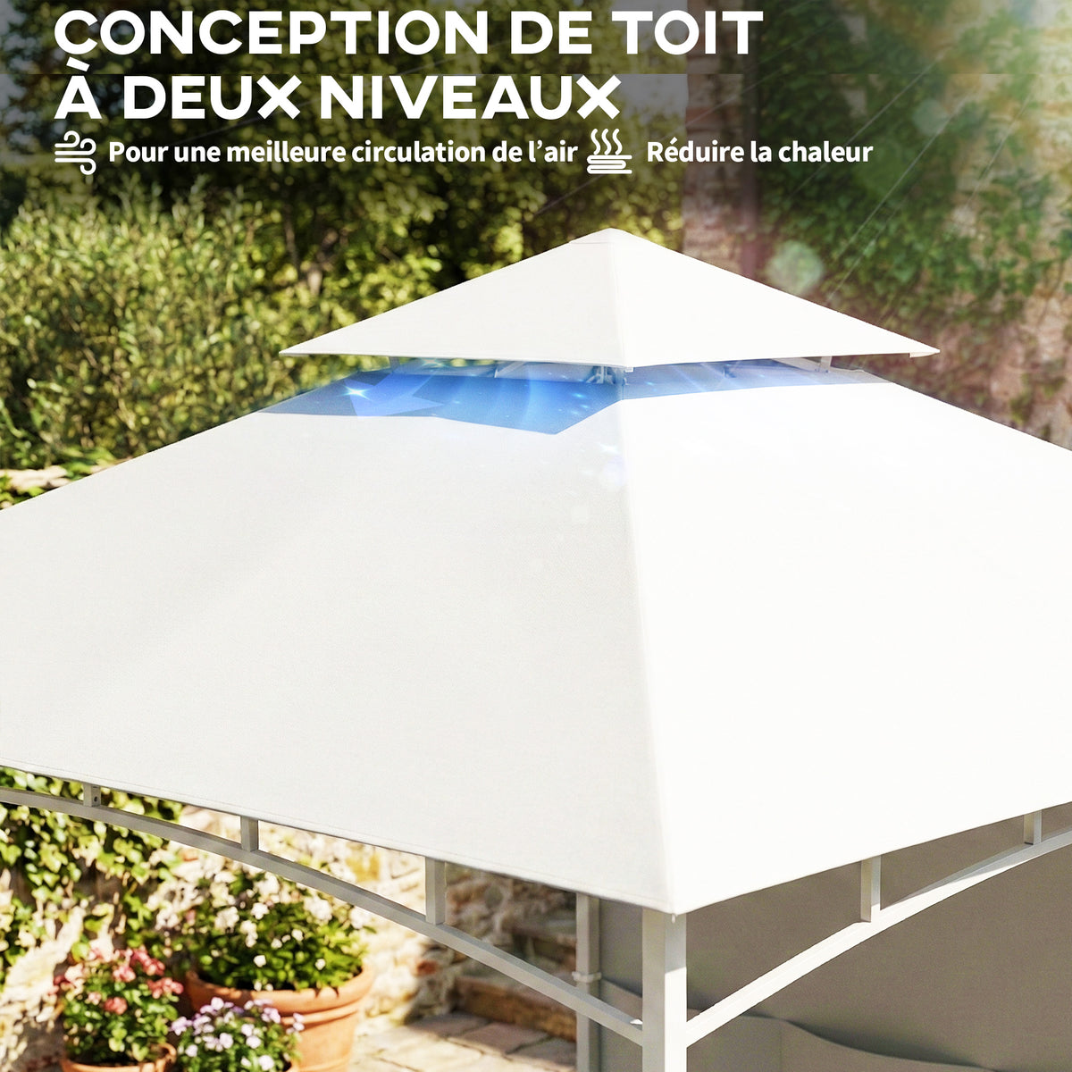 Pavillon Tonnelle de Jardin Toit Double Rideaux et Poches de Rangement Crochet de Plafond 3 x 3 m Crème-3