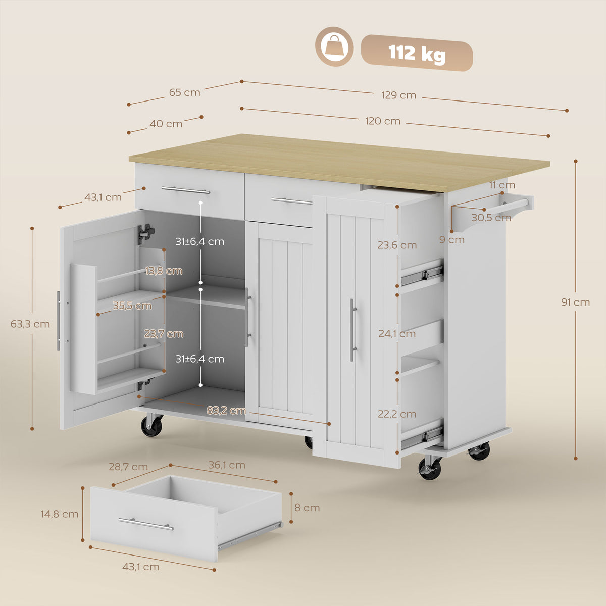 Îlot Central Cuisine avec Plateau Rabattable, Roulettes, 2 Tiroirs, Portes à Fermeture Douce, Porte-Serviettes, Blanc-2