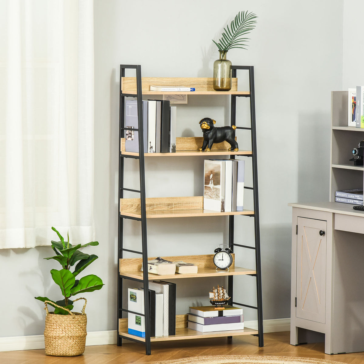 Étagère bibliothèque Style Industriel incliné 5 Niveaux 70L x 35l x 150H cm Coloris chêne Clair Noir-1