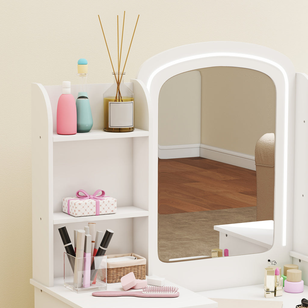 Coiffeuse pour enfants avec tabouret et miroir LED, table de maquillage pour 3 à 8 ans, 104 x 40 x 112 cm, blanc-8