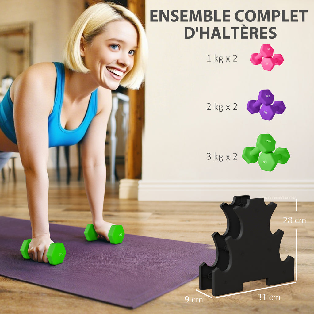 Ensemble d'haltères hexagonale avec support d'haltères, pour la musculation, 2 x 1kg, 2 x 2kg, 2 x 3kg-3