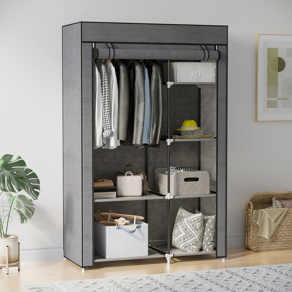 Armoire penderie multi-rangement - 6 étagères, 1 barre - non tissé gris-9