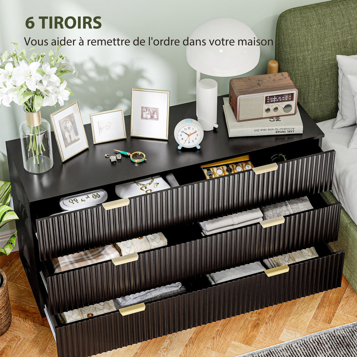 Commode 6 tiroirs commode chambre meuble de rangement moderne avec poignées et pieds dorés, 120 x 40 x 76,5 cm, noir-3